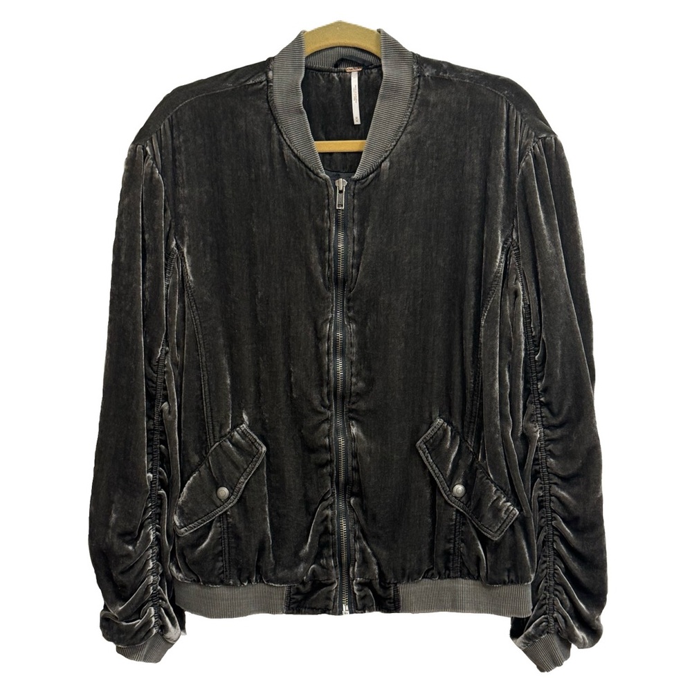 Free People Gray Ruched Velvet Bomber Jacket M